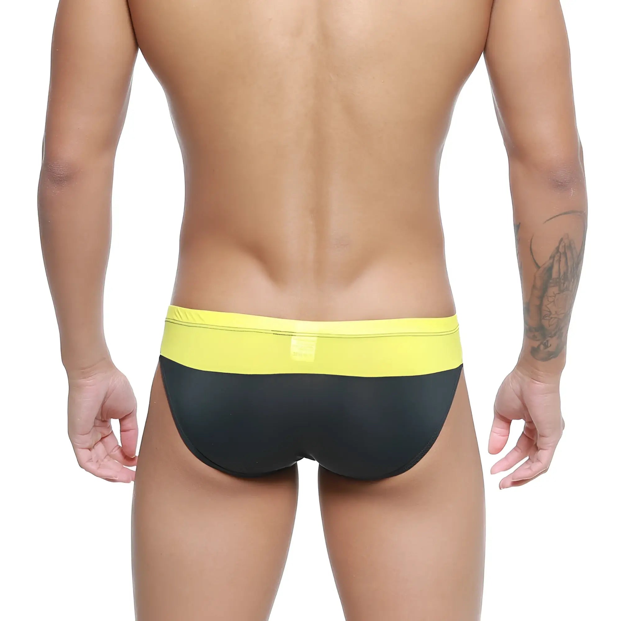 Black and yellow swim trunks with bright yellow waistband from MetroMaleWear colina bikini 5144-15 for beachwear