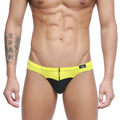 MetroMaleWear Colina bikini yellow swim trunks feature bright yellow and black fabric with a front zipper detail