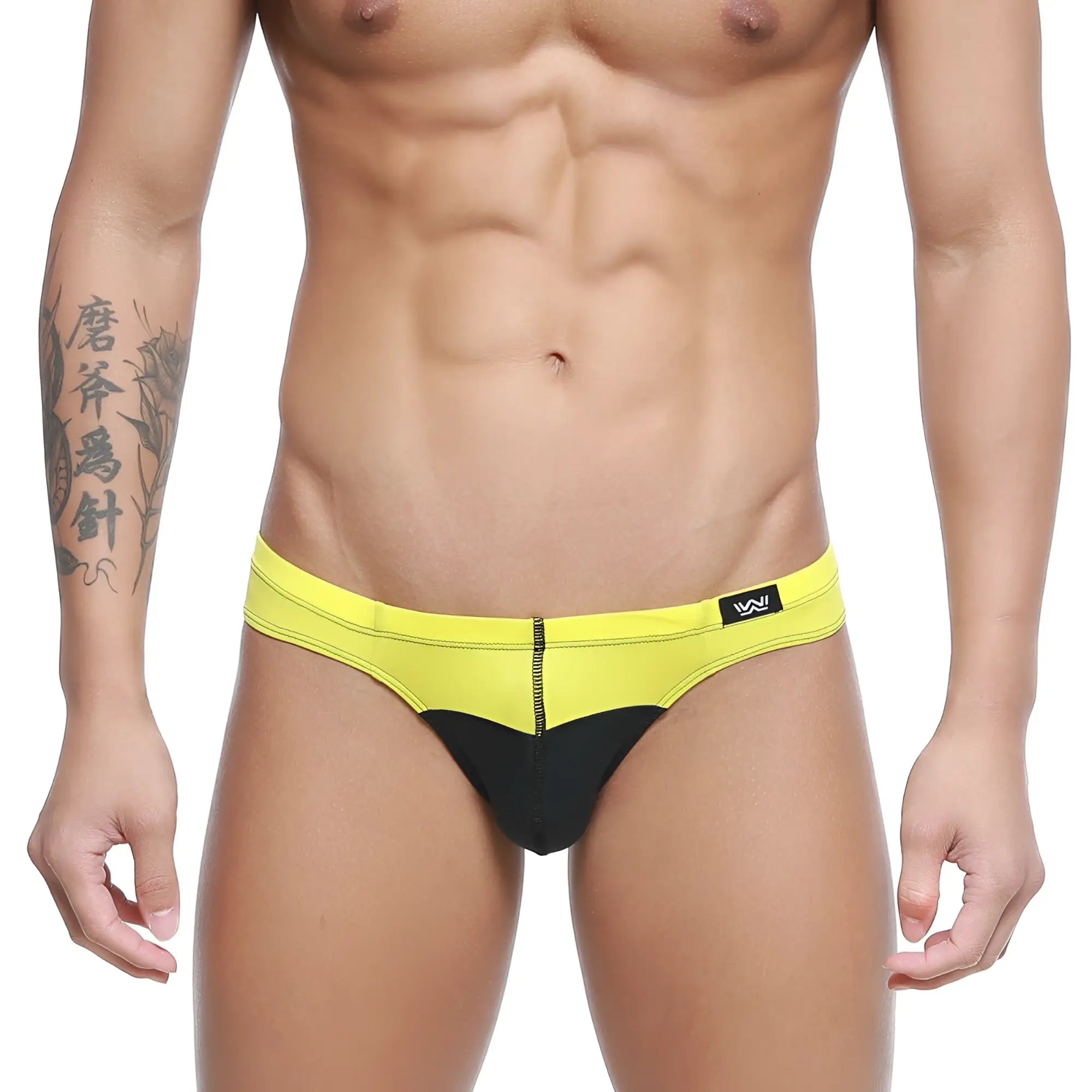 MetroMaleWear Colina bikini yellow swim trunks feature bright yellow and black fabric with a front zipper detail