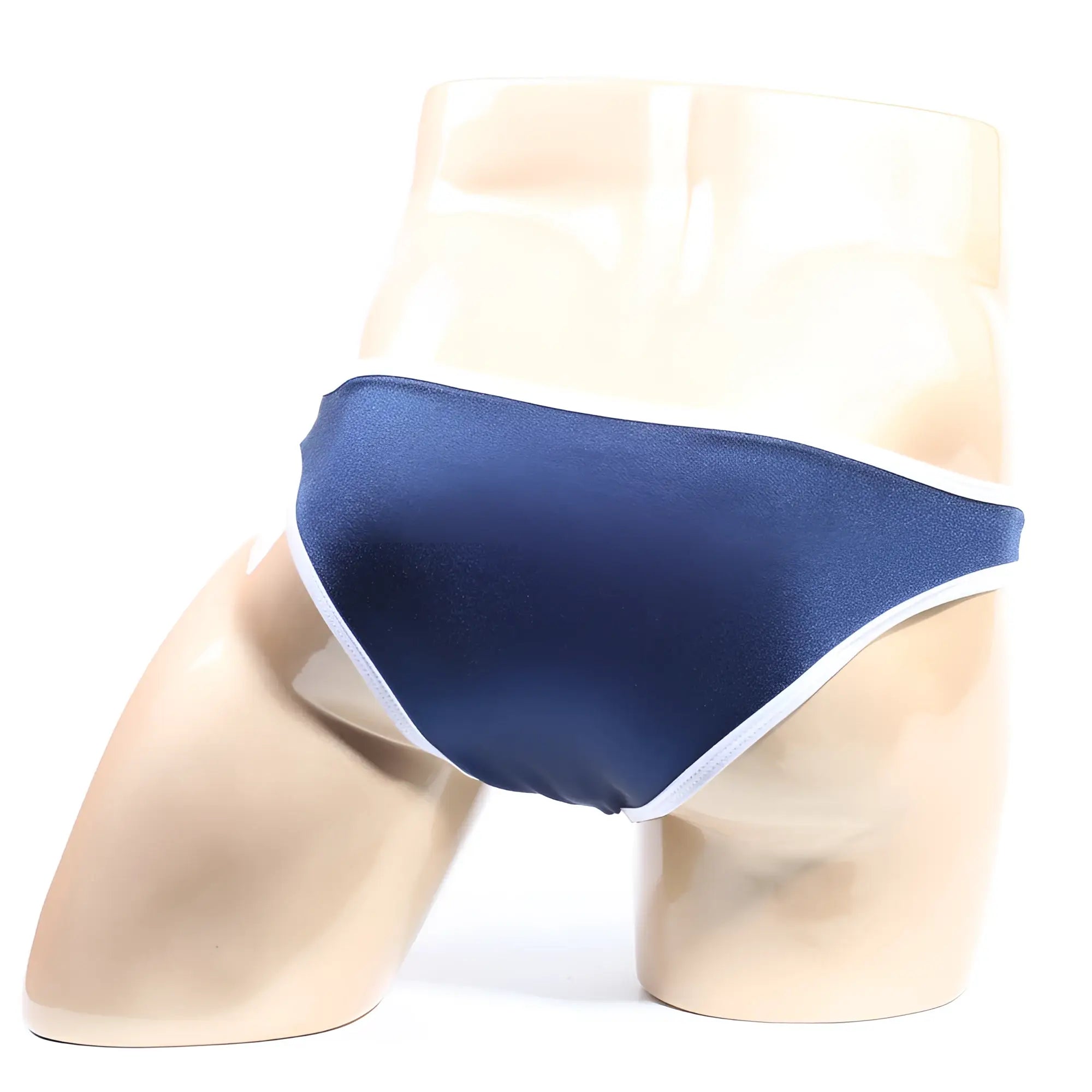 Navy blue satin briefs with white trim front view from metromalewear colonel bikini navy 2019-28 collection