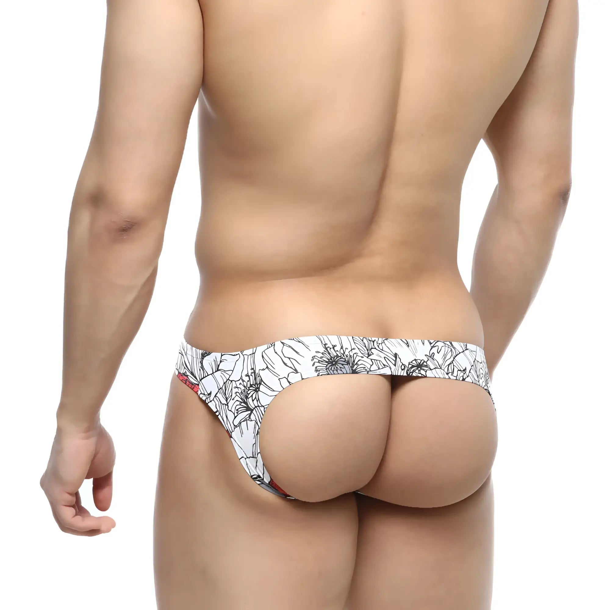 White floral-patterned briefs with black outlines and red side accent from MetroMaleWear Colorado Jock Strap Escobar 5011-09