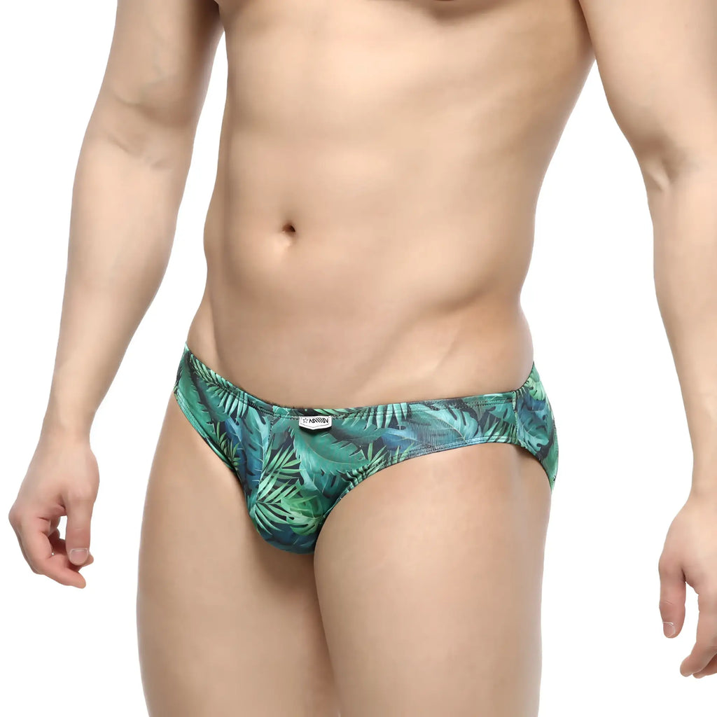 Green tropical leaf-patterned men’s briefs metroMalewear colorado jock strap jungle 5011-08 front view