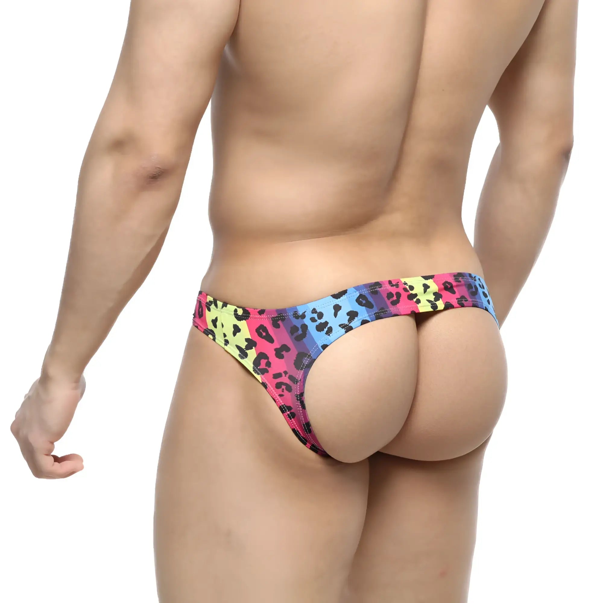 MetroMaleWear Colorado Jock strap neon 5011-05 vibrant neon leopard-print thong in pink blue and yellow hues front view