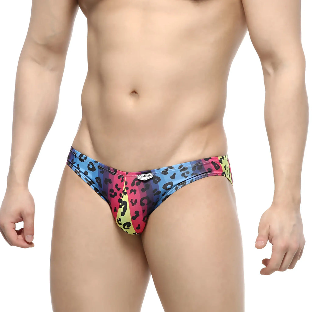 MetroMaleWear Colorado Jock Strap neon 5011-05 vibrant rainbow leopard-print swim trunks with snug form-fitting design