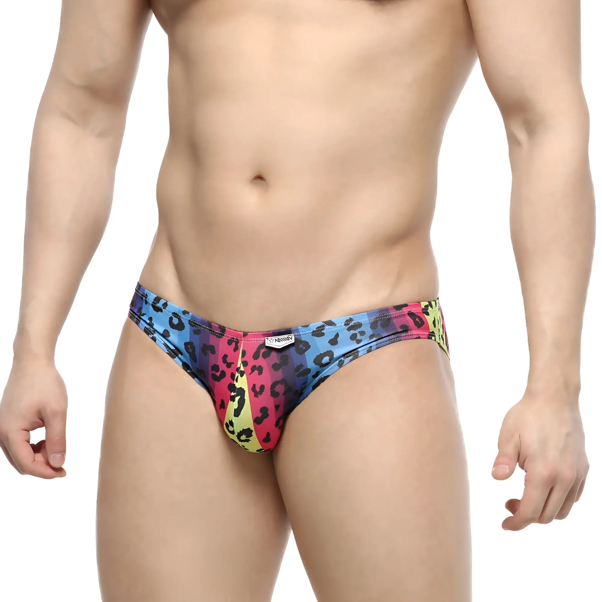 MetroMaleWear Colorado Jock Strap neon 5011-05 vibrant rainbow leopard-print swim trunks with snug form-fitting design