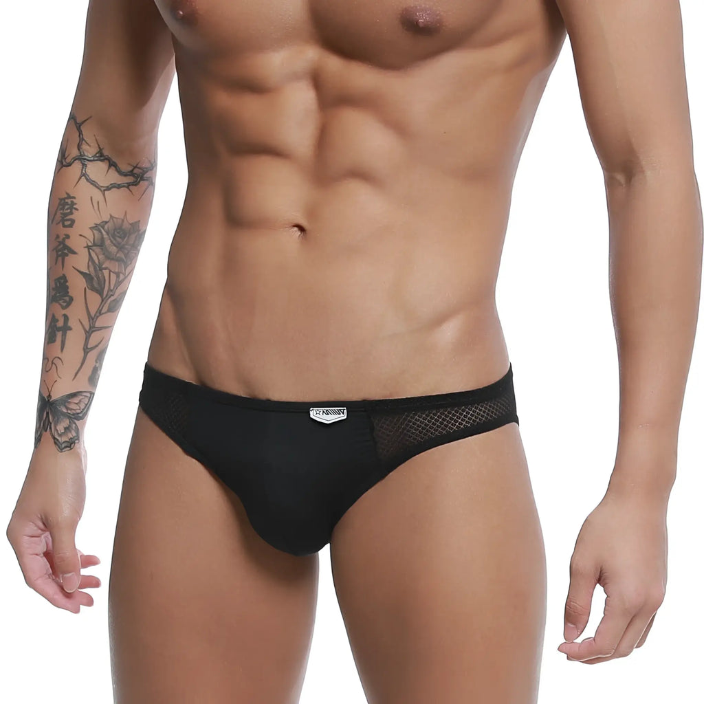 Black mesh briefs with a sleek form-fitting design and brand tag at the waistband metroMalewear Colorado jock strap tull 5011-30