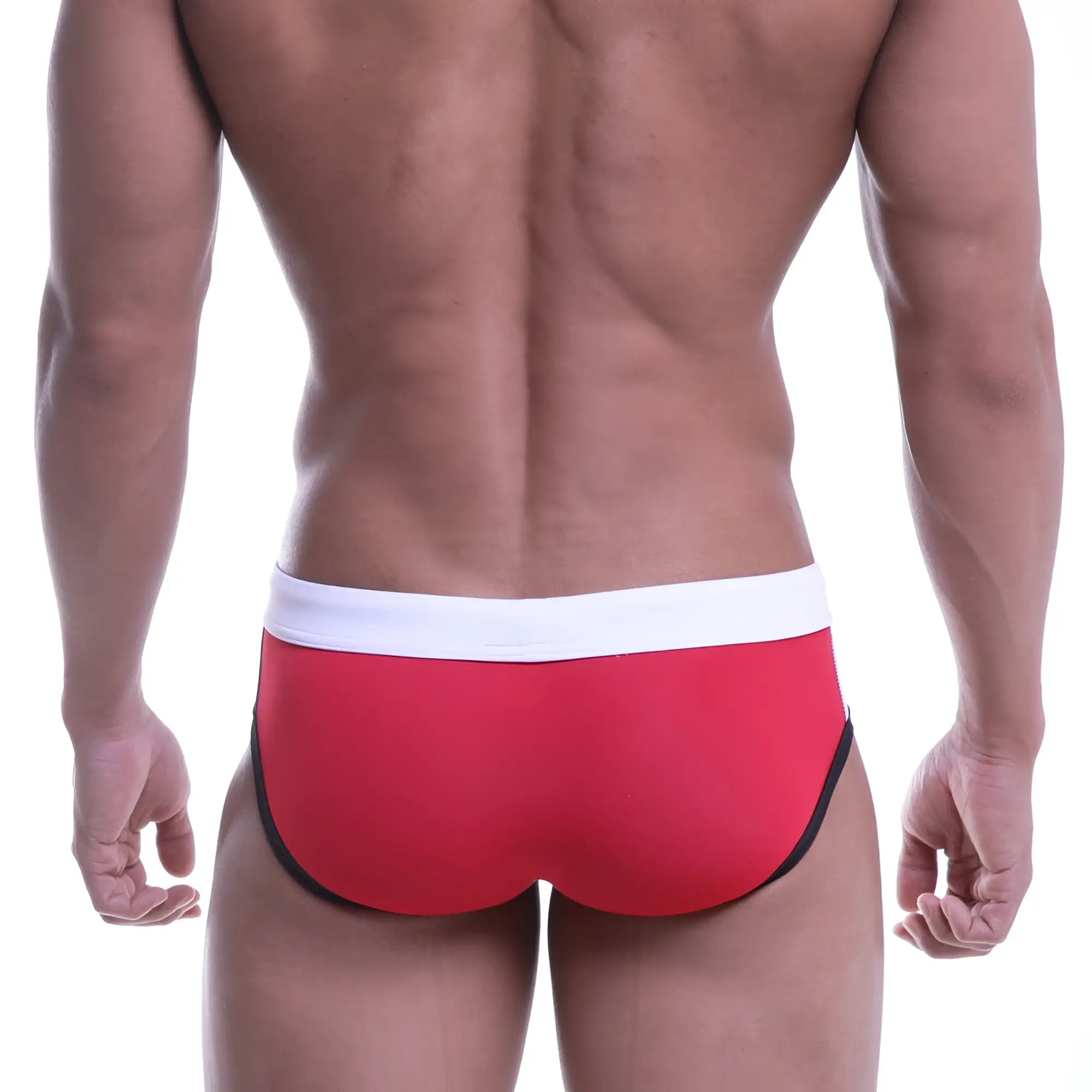 Red swim trunks with white waistband and black trim from metro male wear colors swim brief white 4976-00 collection