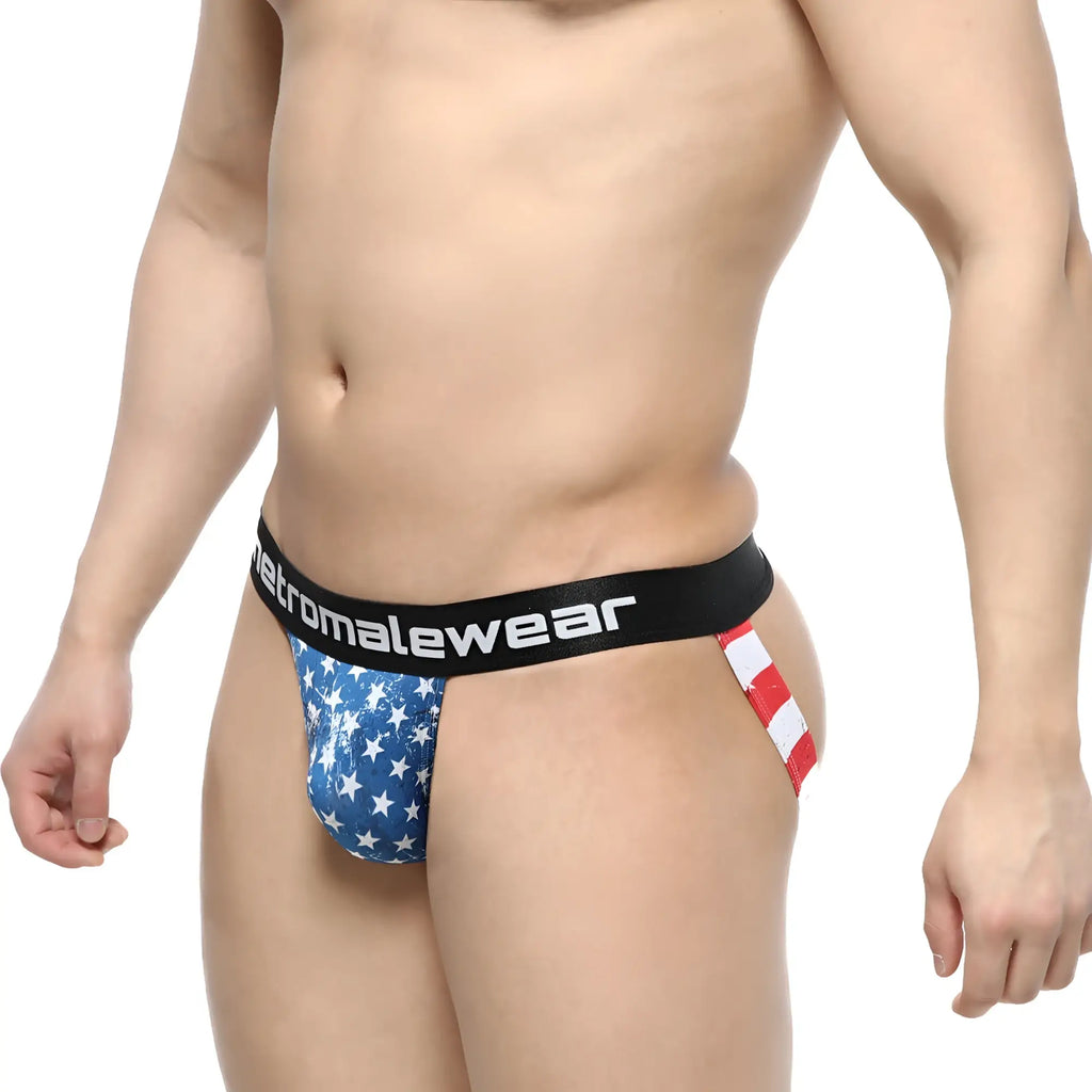 MetroMalewear commando jock strap blue and white star-patterned american flag briefs with black branded waistband