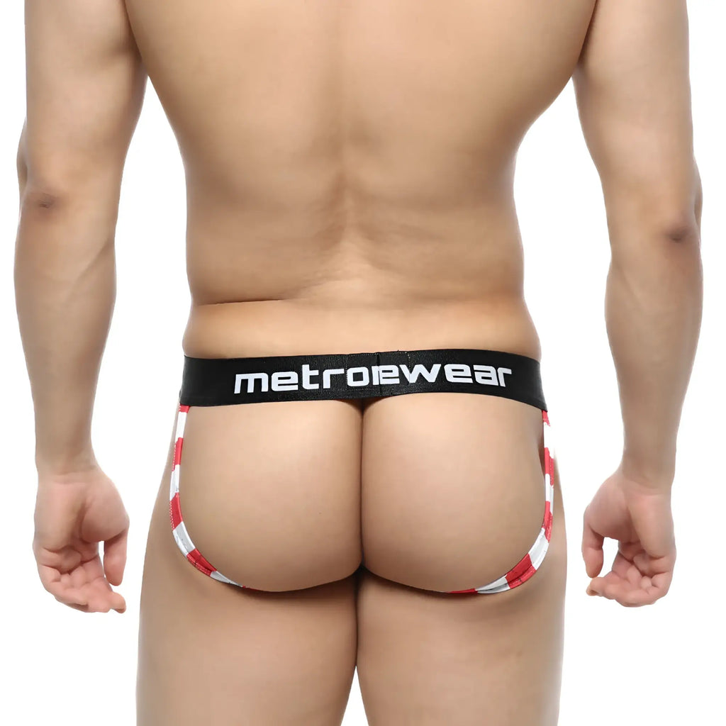 Red and white striped men’s briefs with black metroewear waistband in metro malewear comando jock strap btalla 2221-92