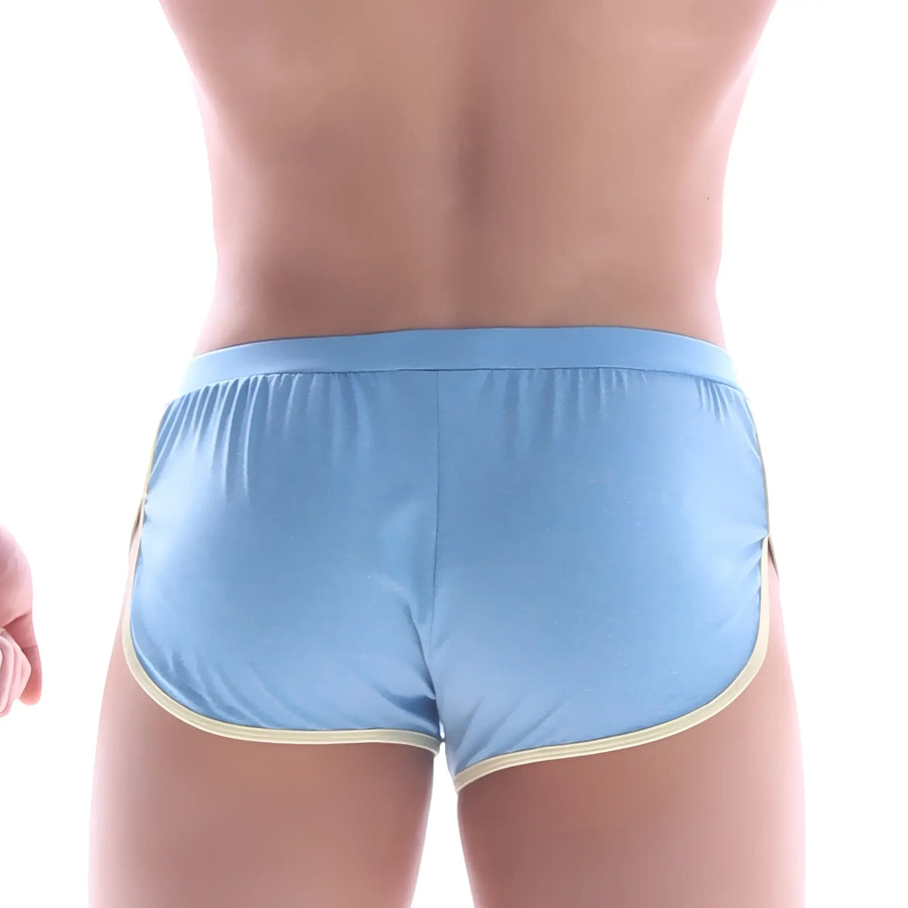 Light blue MetroMaleWear Comfort boxer briefs with cream trim along waistband and leg openings for athletic wear
