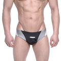 MetroMaleWear Competidor bikini black athletic briefs with silver accents and amin logo in white on the front