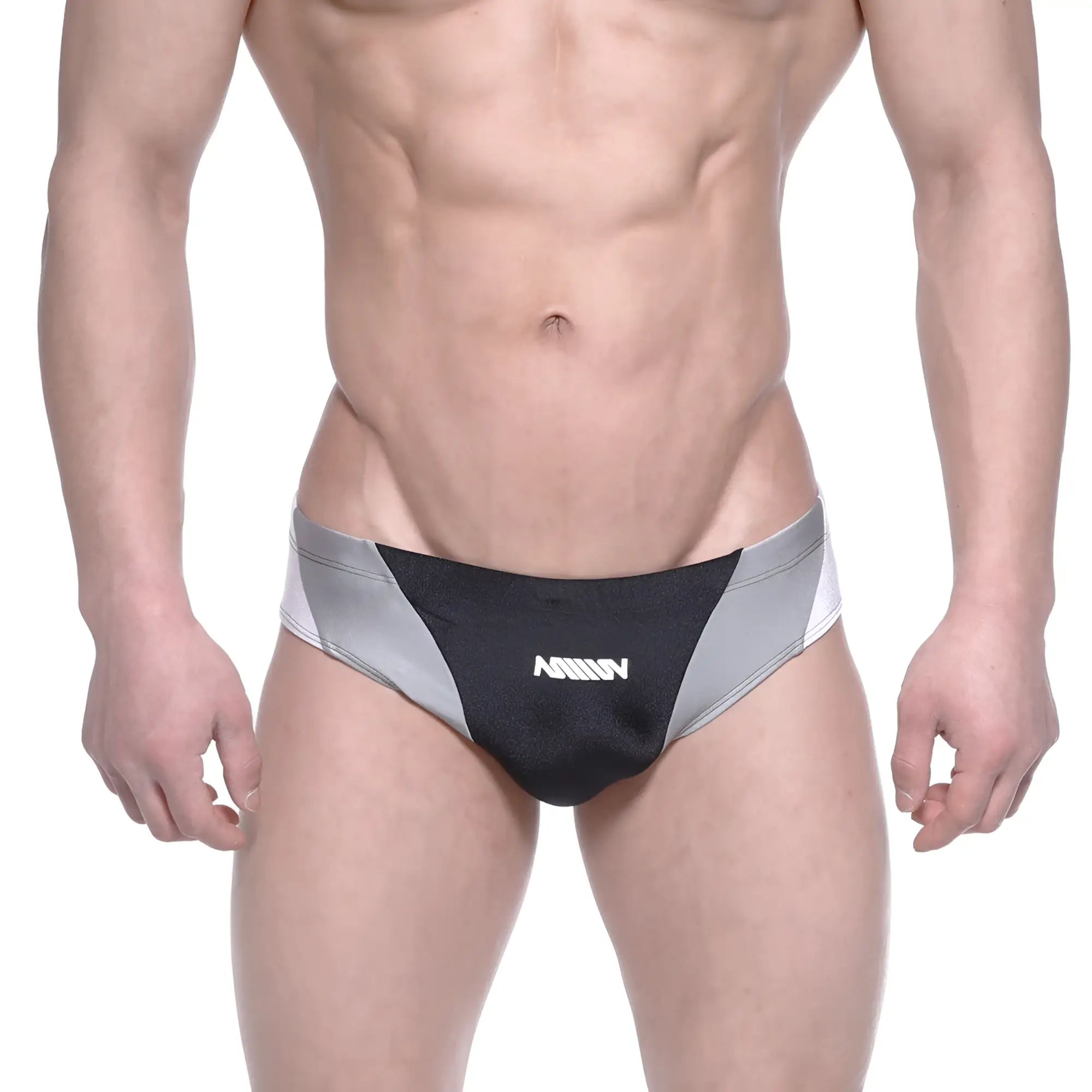 MetroMaleWear Competidor bikini black athletic briefs with silver accents and amin logo in white on the front