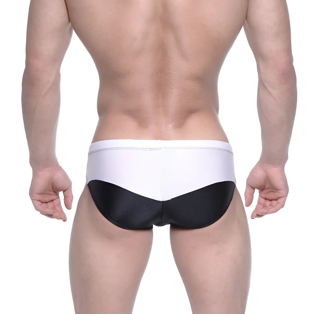 MetroMaleWear Competidor bikini black 4965-20 two-tone white and black swim trunks with sleek modern design
