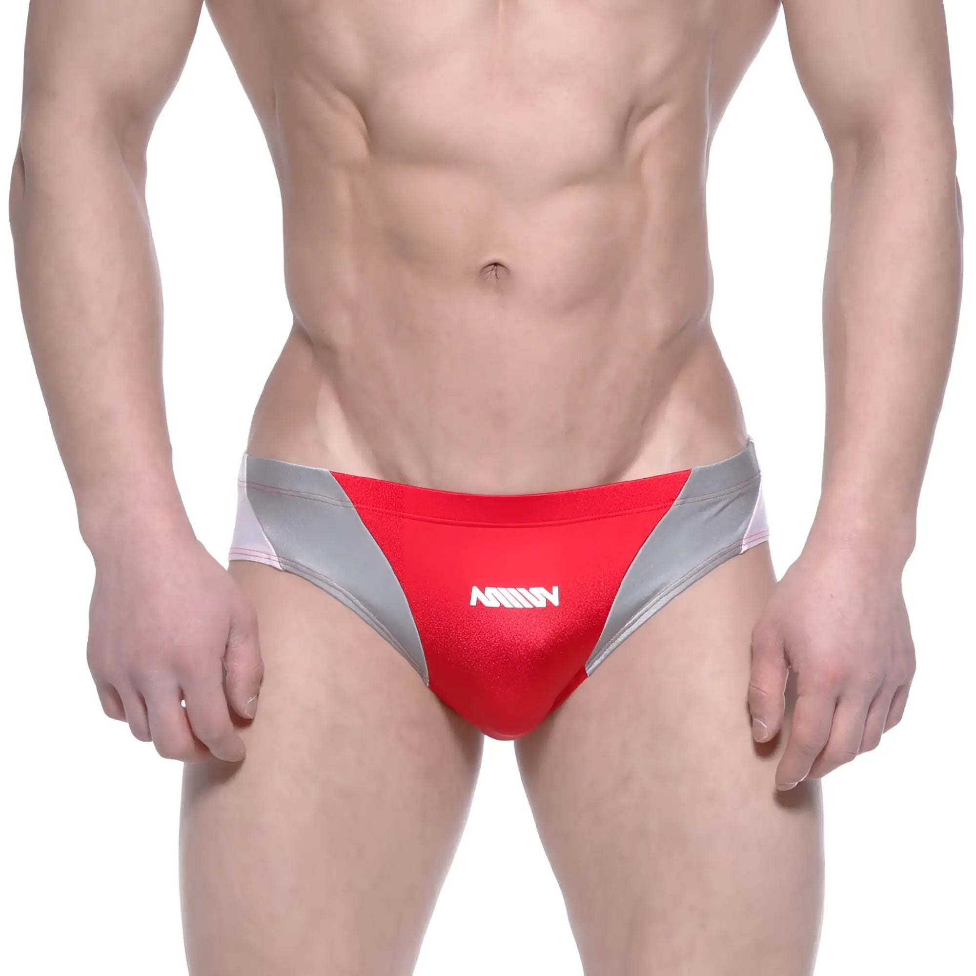 MetroMalewear competidor bikini red 4965-12 men’s swim trunks in red and silver with a white logo on the front