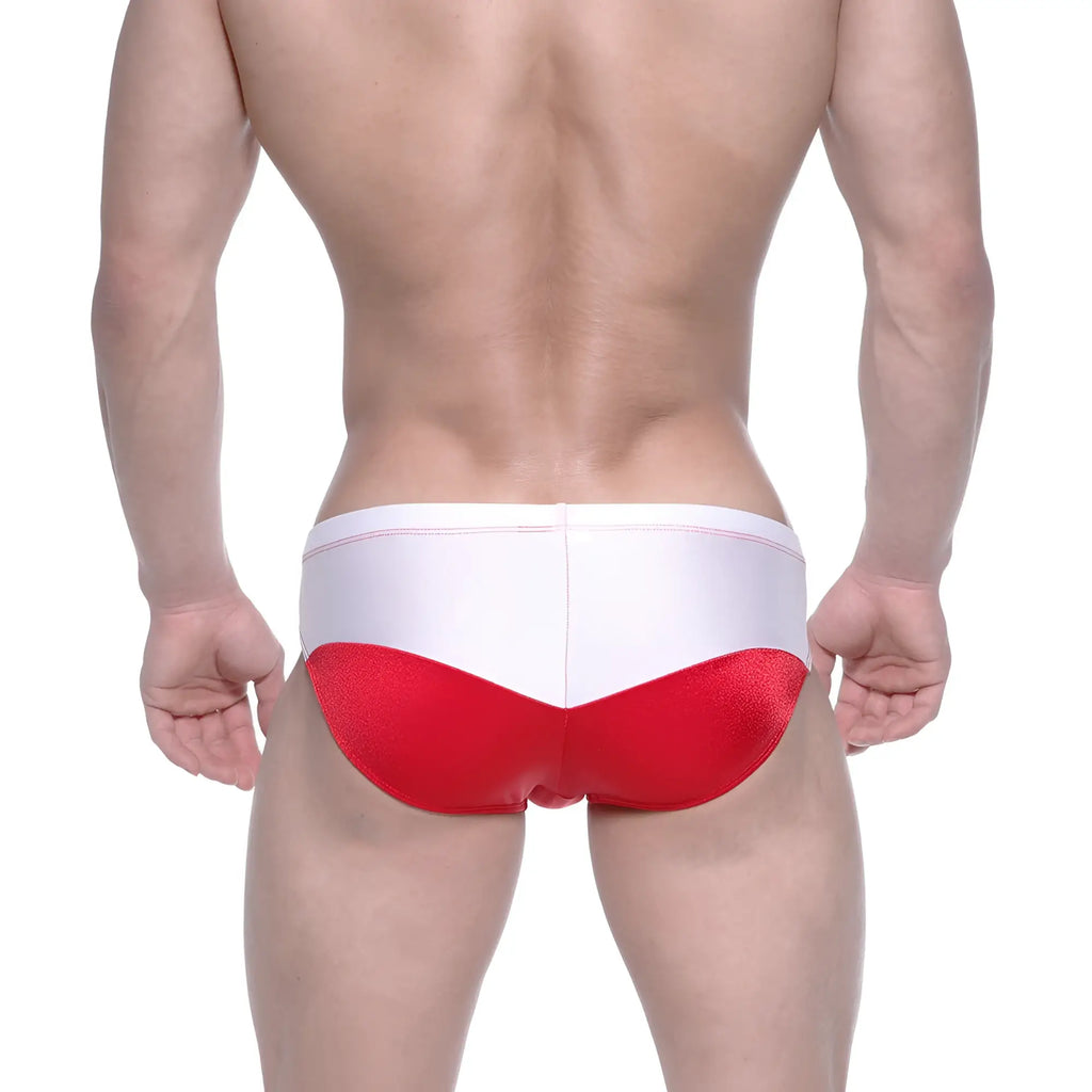 MetroMaleWear Competidor bikini red 4965-12 red and white glossy swim trunks with a sleek finish
