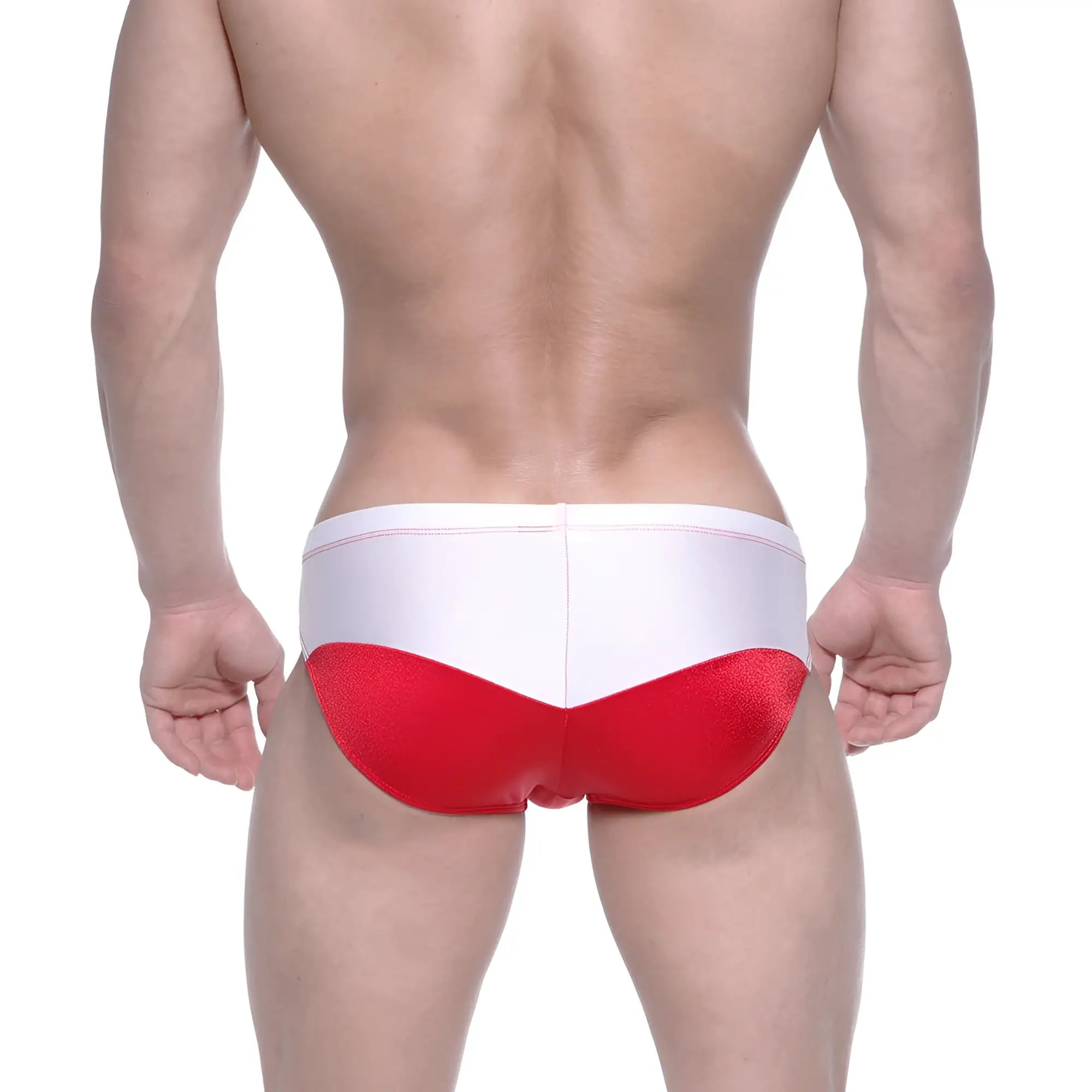 MetroMaleWear Competidor bikini red 4965-12 red and white glossy swim trunks with a sleek finish