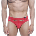 Red athletic briefs by metro malewear feature a bold modern cut with a contrasting black logo waistband