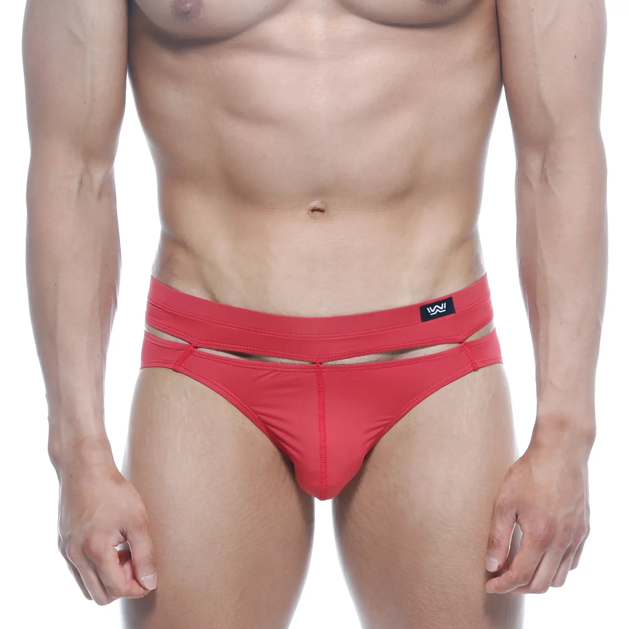 Red athletic briefs by metro malewear feature a bold modern cut with a contrasting black logo waistband