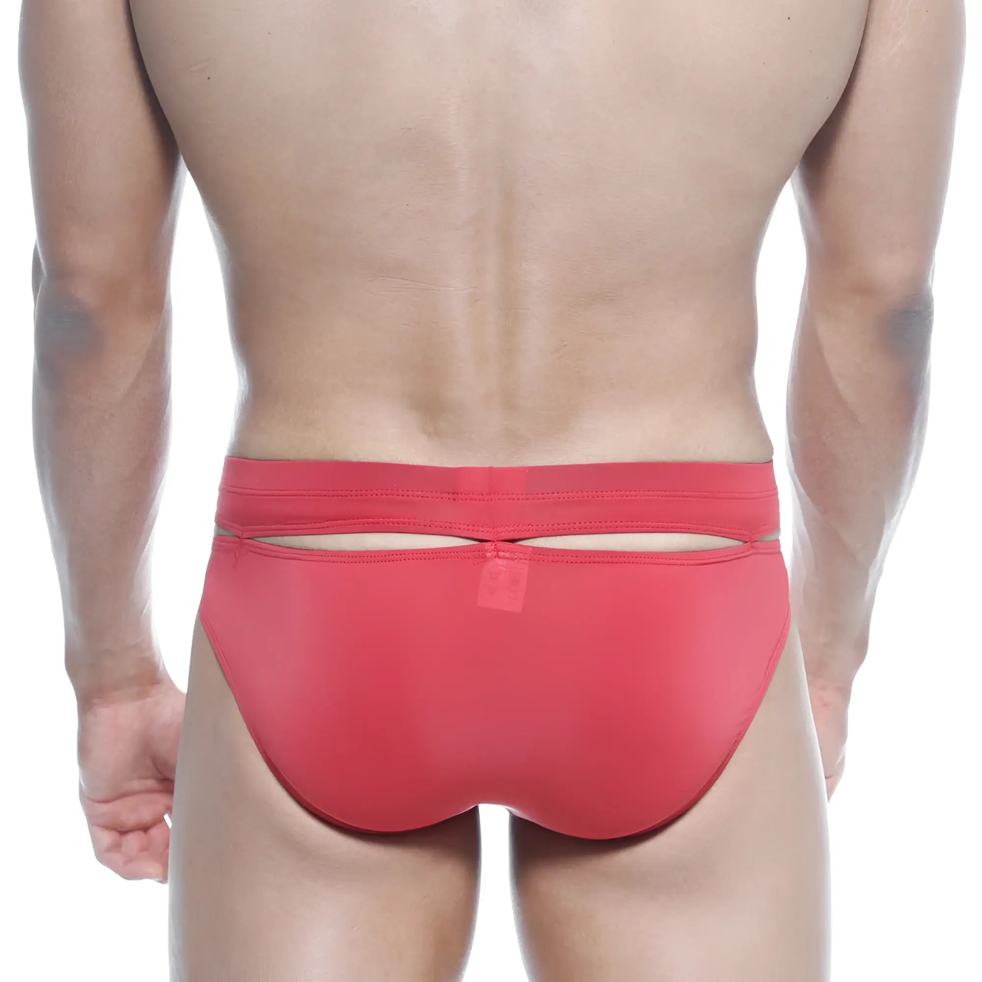 Red athletic briefs by metromalewear featuring a sleek form-fitting design and a distinctive back cutout