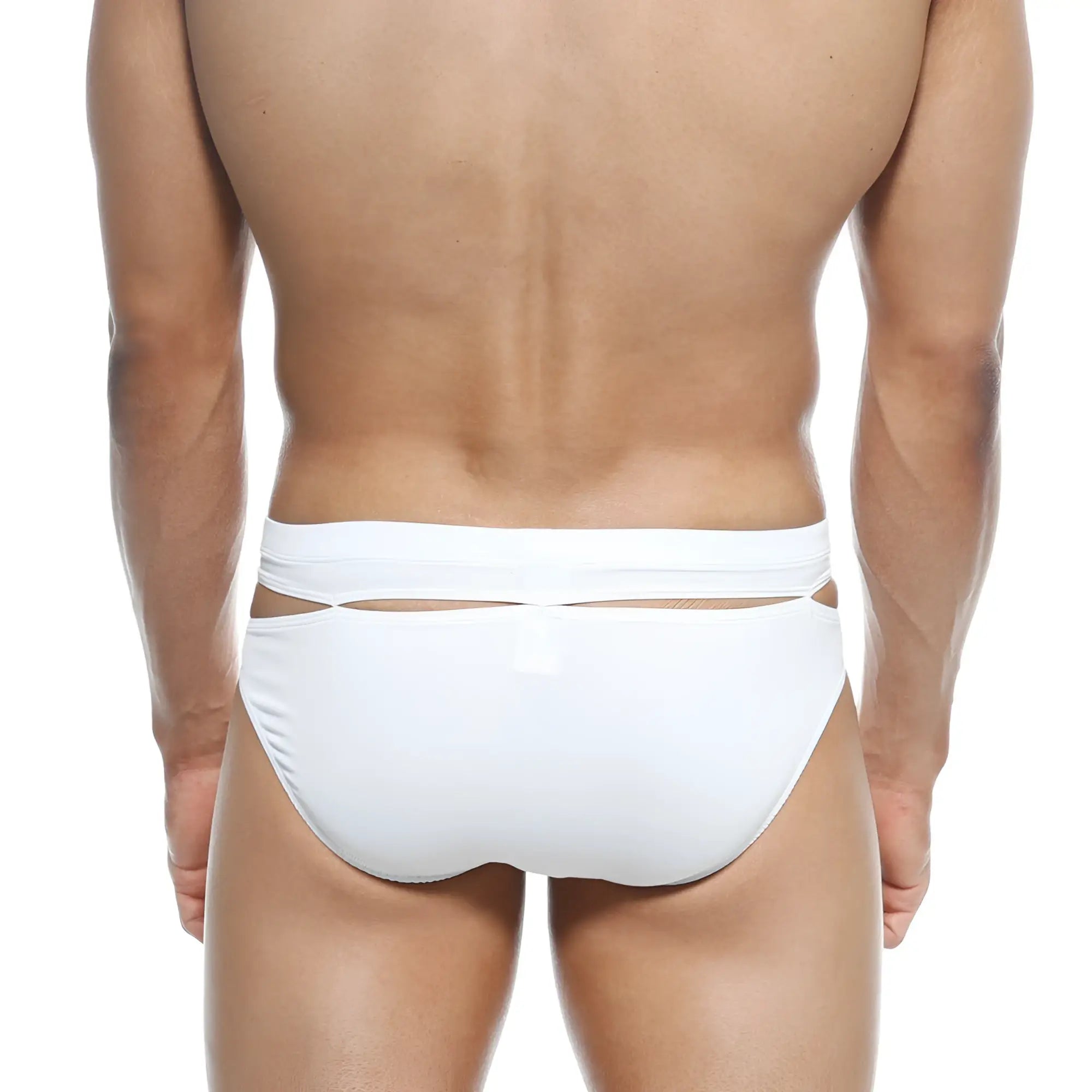 MetroMaleWear Concepcion brief white swim trunks with sleek minimalist design and distinctive waistband cut-out detailing