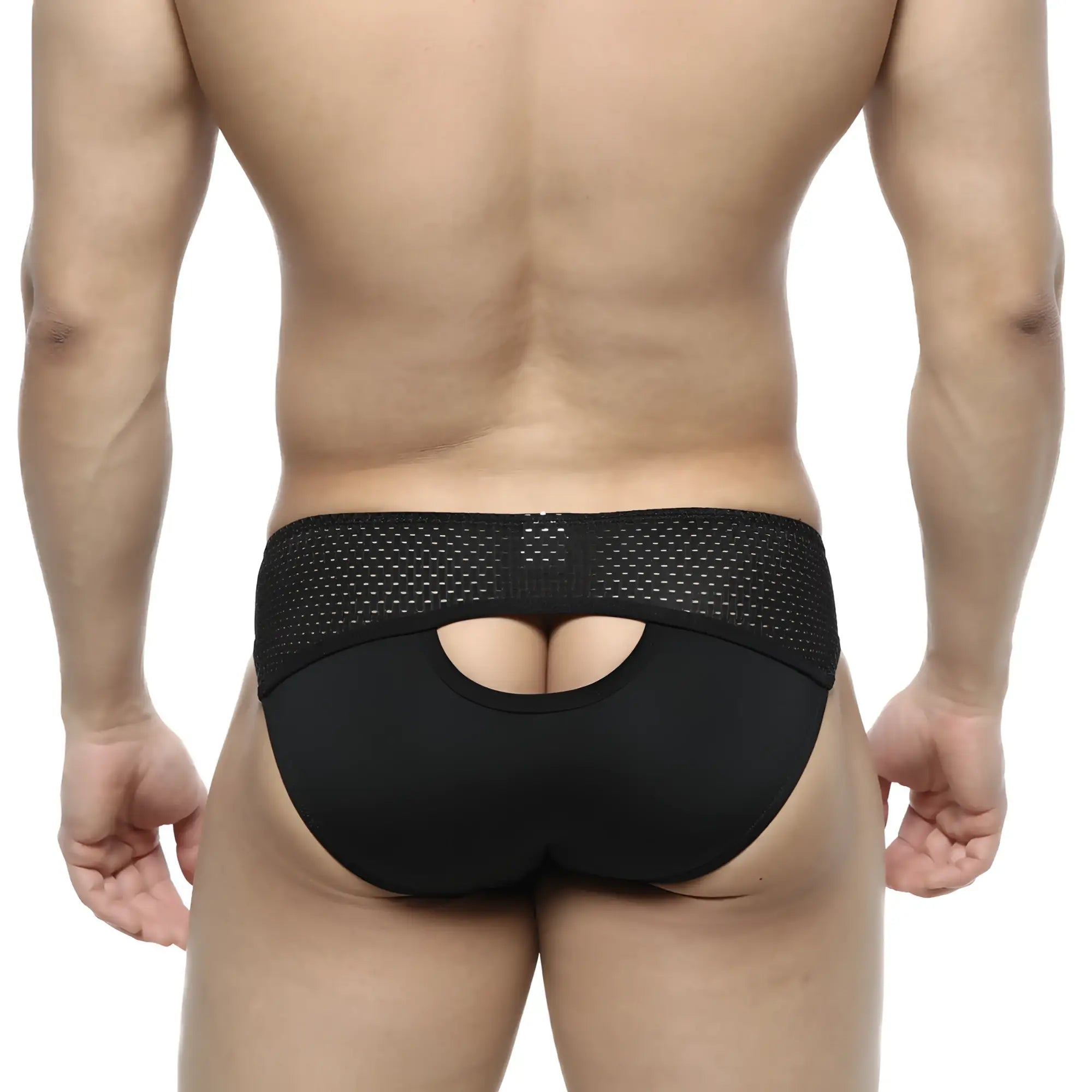 Back view of metro malewear contento bikini black briefs with black mesh, solid fabric, and central cutout design