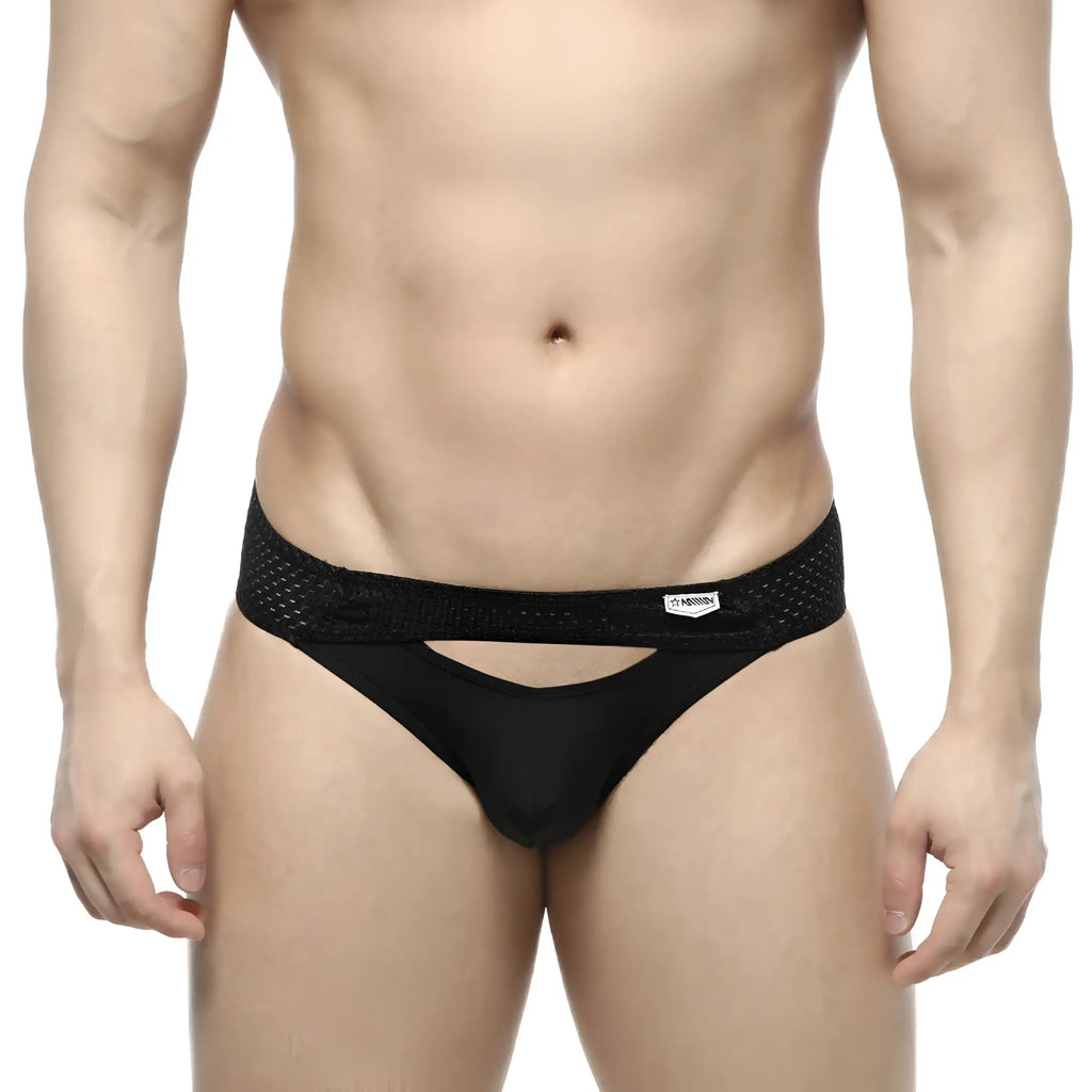 MetroMaleWear Contento Bikini black briefs with sleek form-fitting design and black mesh trim detailing