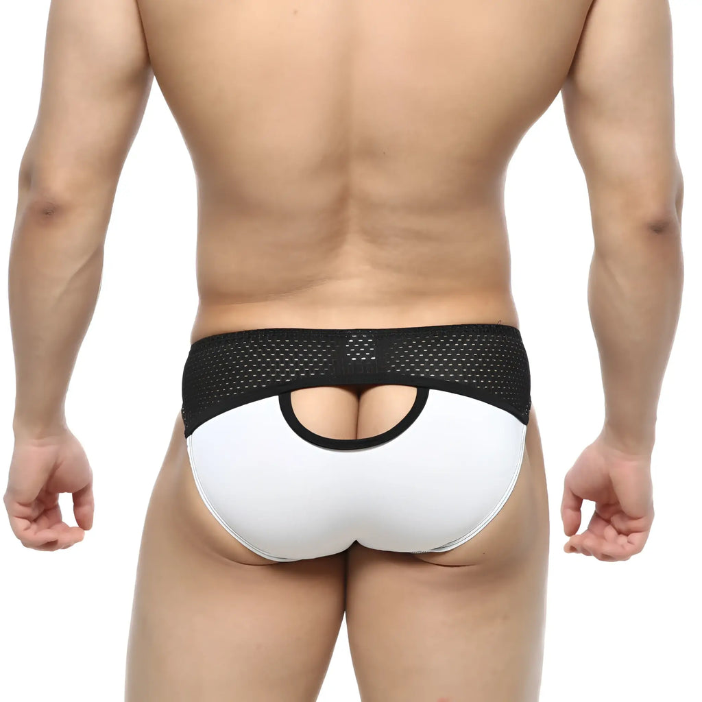 MetroMaleWear Contento bikini briefs in white and black with mesh back and cutout design for stylish comfort