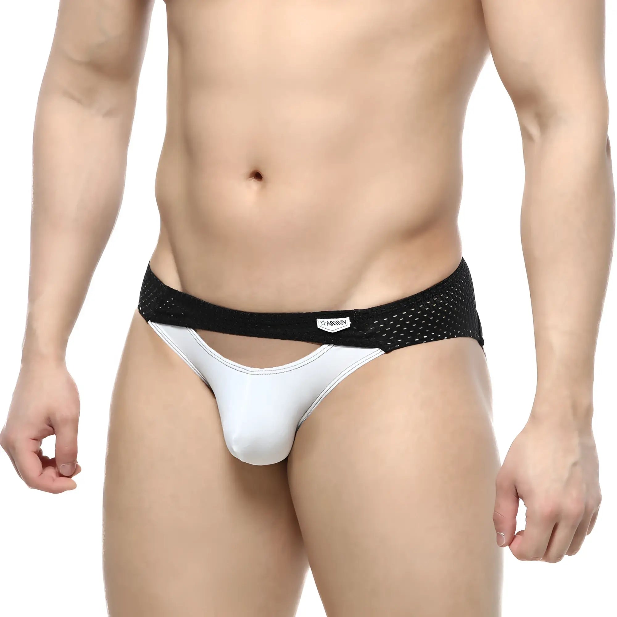 White mesh-trimmed briefs with black elastic waistband from metromalewear contento bikini contrast white 1205-01