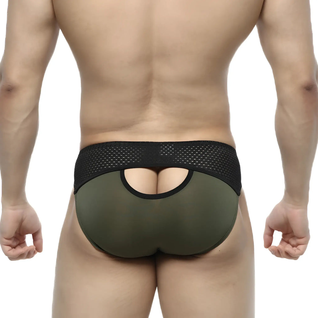 Olive green mesh-backed briefs with black elastic waistband and cutout detail from metro malewear contento bikini khaki 1205-26