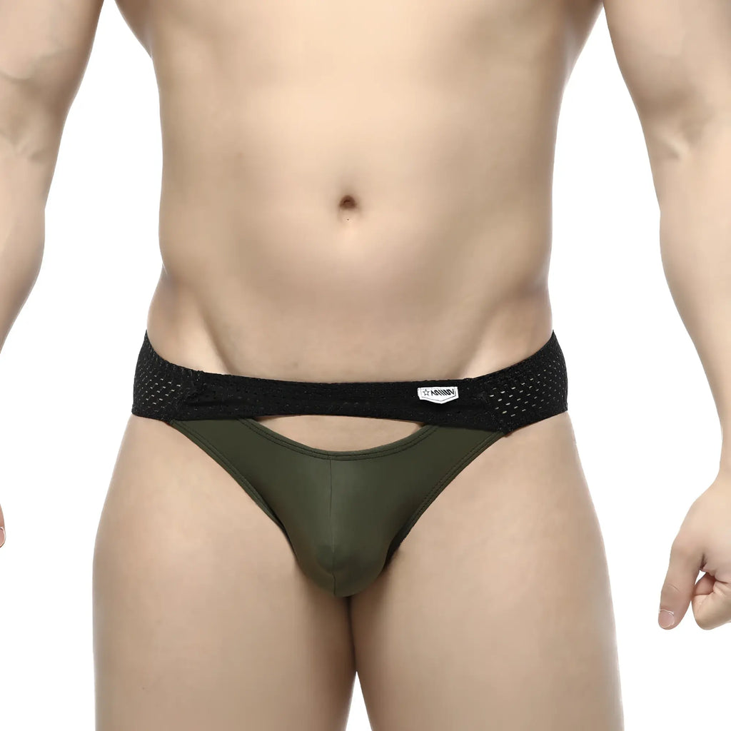 Olive green metroMalewear contento bikini briefs with mesh trim and black elastic waistband with white brand tag