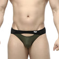 Olive green metroMalewear contento bikini briefs with mesh trim and black elastic waistband with white brand tag