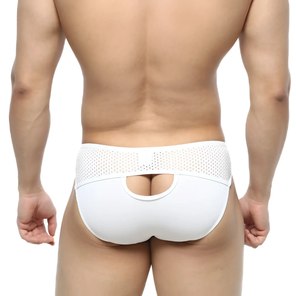 MetroMaleWear Contento bikini white briefs with white mesh back and central cutout made of smooth fabric