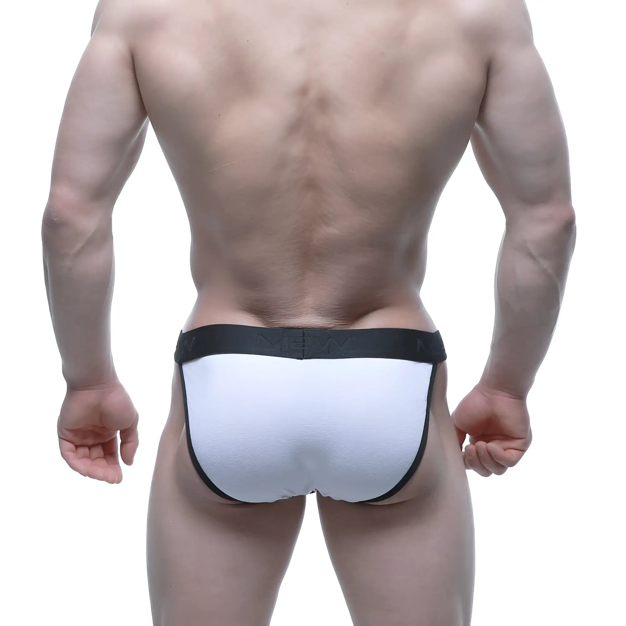 White briefs with black trim and branded waistband from metromalewear contrast bikini white 3004-c00 collection
