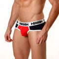 MetroMalewear contrast brief navy 9004-28 in red and black with white waistband featuring bold black lettering