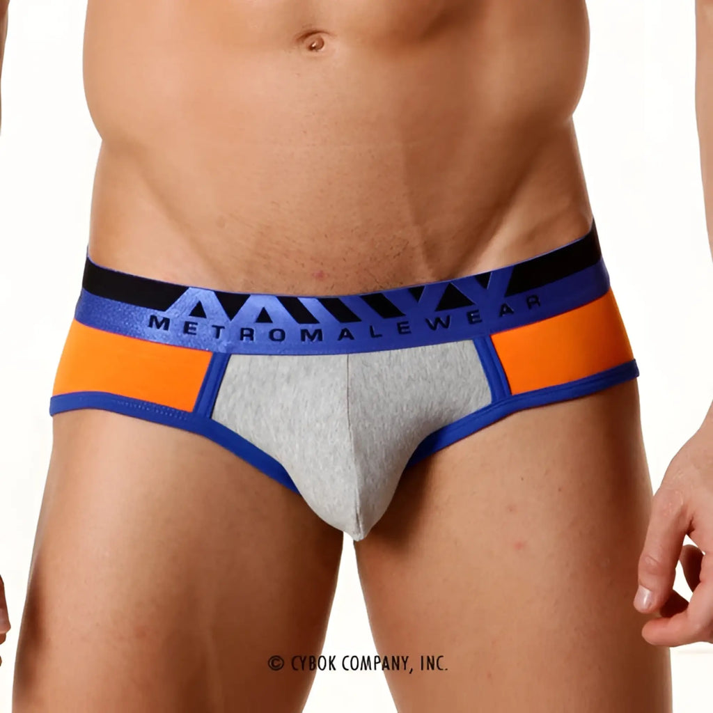 Gray and orange athletic briefs with blue trim and bold metromalewear logo on waistband metro malewear contrast brief 9004-14