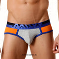 Gray and orange athletic briefs with blue trim and bold metromalewear logo on waistband metro malewear contrast brief 9004-14