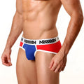 Red and blue MetroMaleWear contrast athletic briefs with white waistband and black lettering for active wear