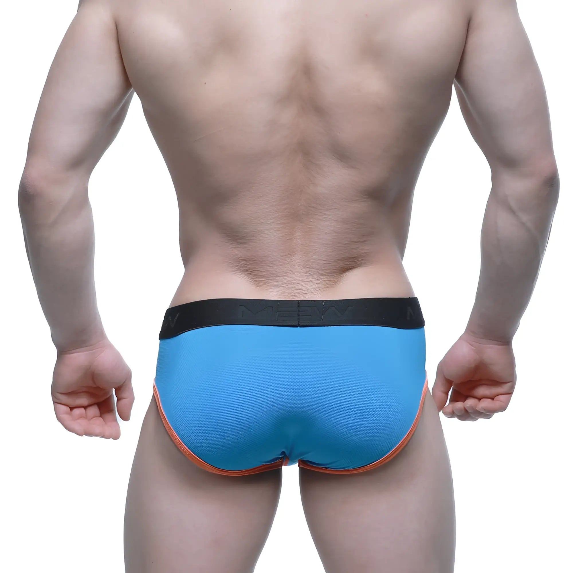 Blue athletic briefs with black waistband and orange trim metroMalewear cool mesh brief turquoise 9005-08