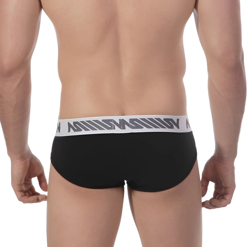 Black metro malewear core hip briefs with white elastic waistband and gray geometric logo pattern 8003-20
