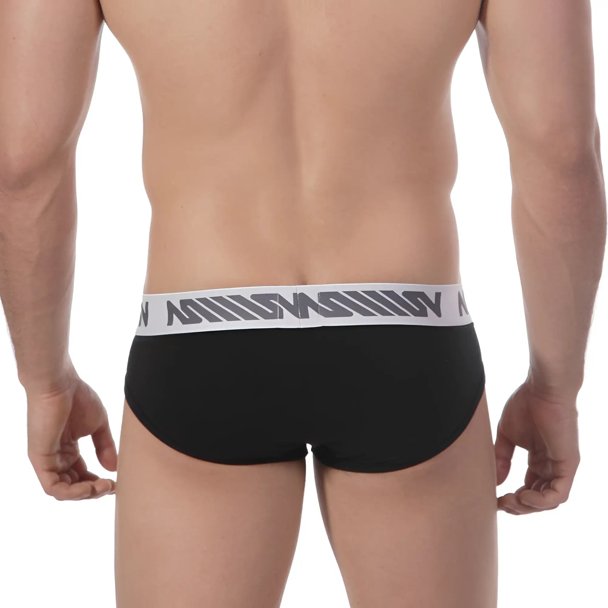 Black metro malewear core hip briefs with white elastic waistband and gray geometric logo pattern 8003-20