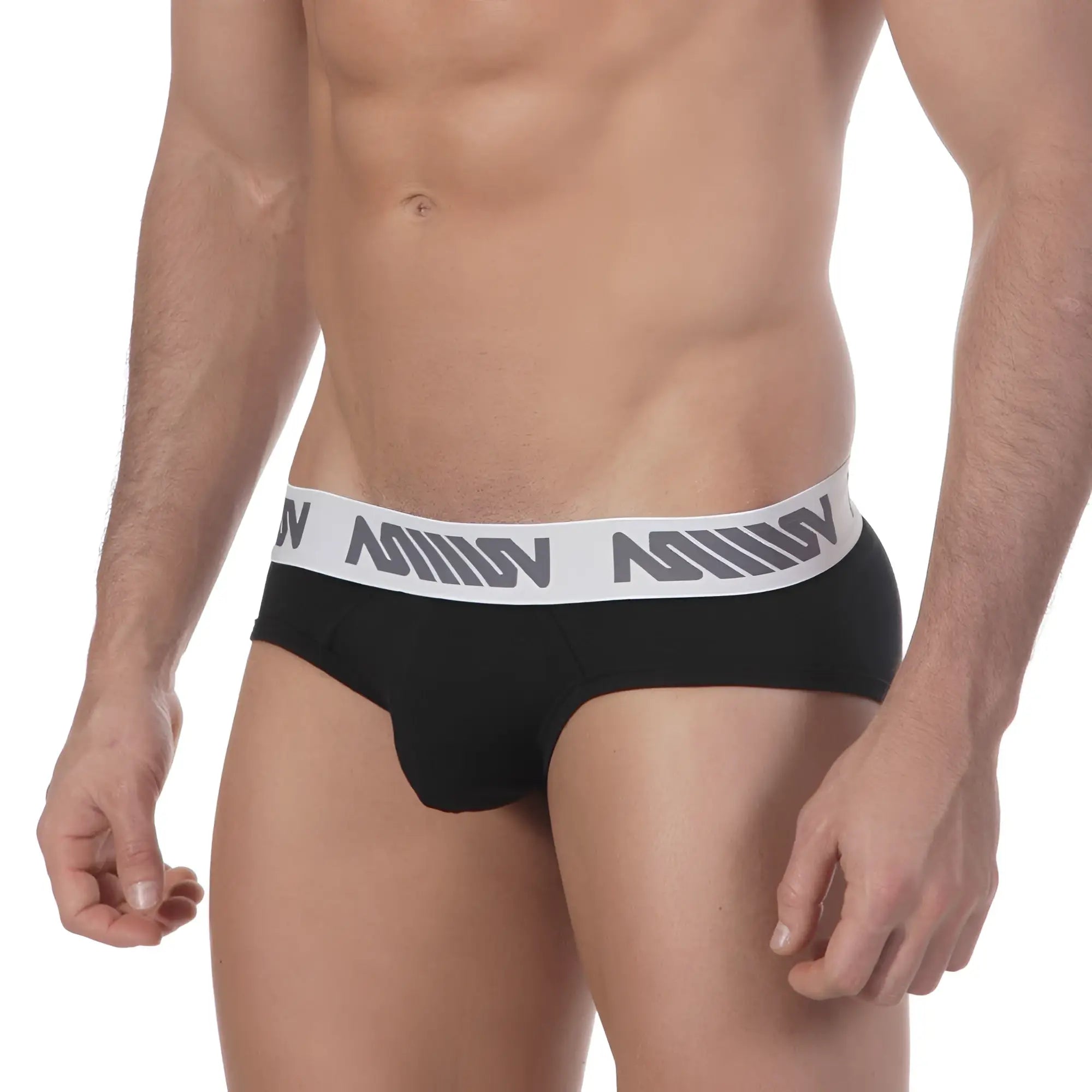 Black mens briefs with white elastic waistband featuring million logo in gray metro male wear core hip brief black 8003-20