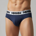 Navy blue men’s briefs with white elastic waistband and black miiow branding metro malewear core hip brief 8003-28