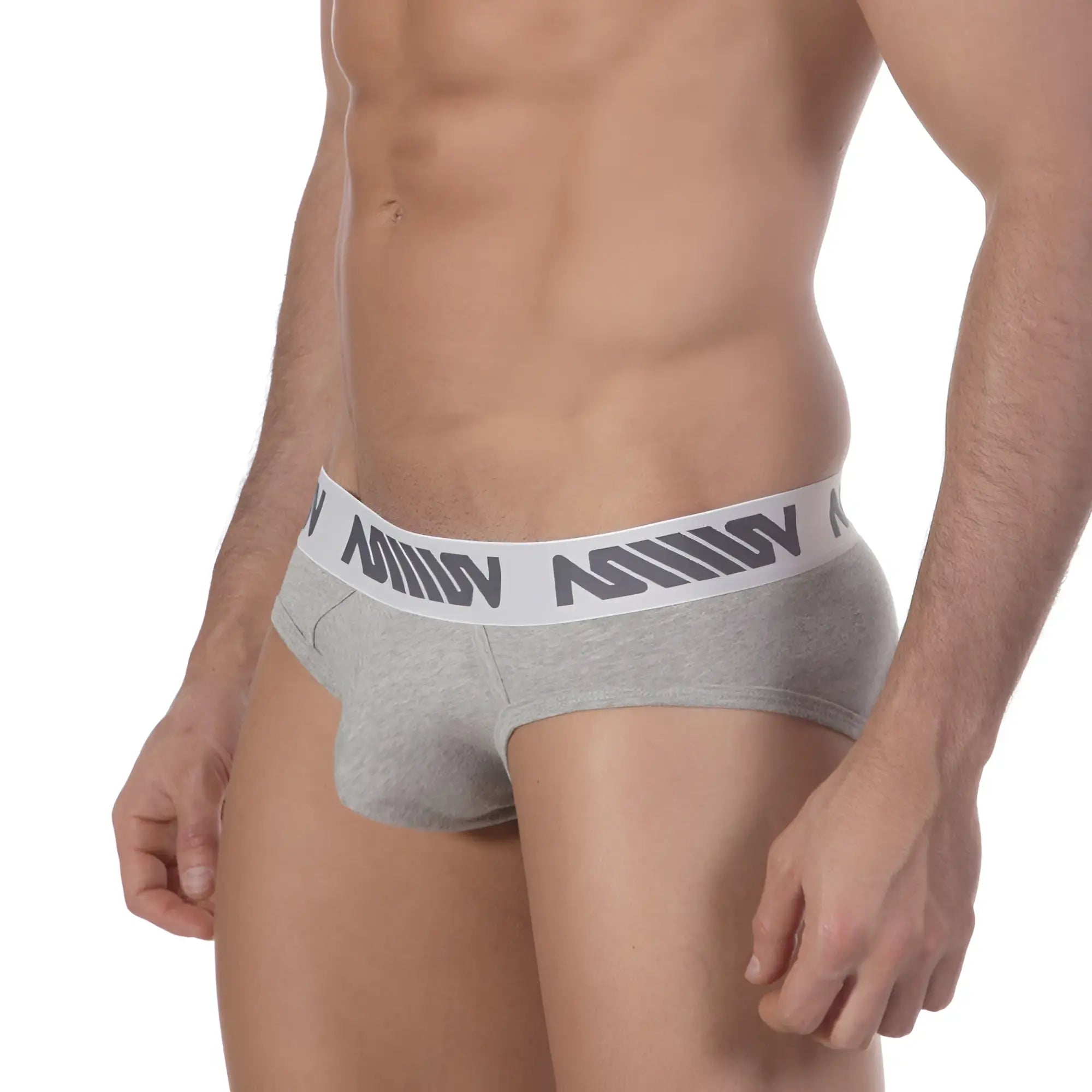 MetroMaleWear Core hip brief grey heathered with white elastic waistband featuring black millin branding