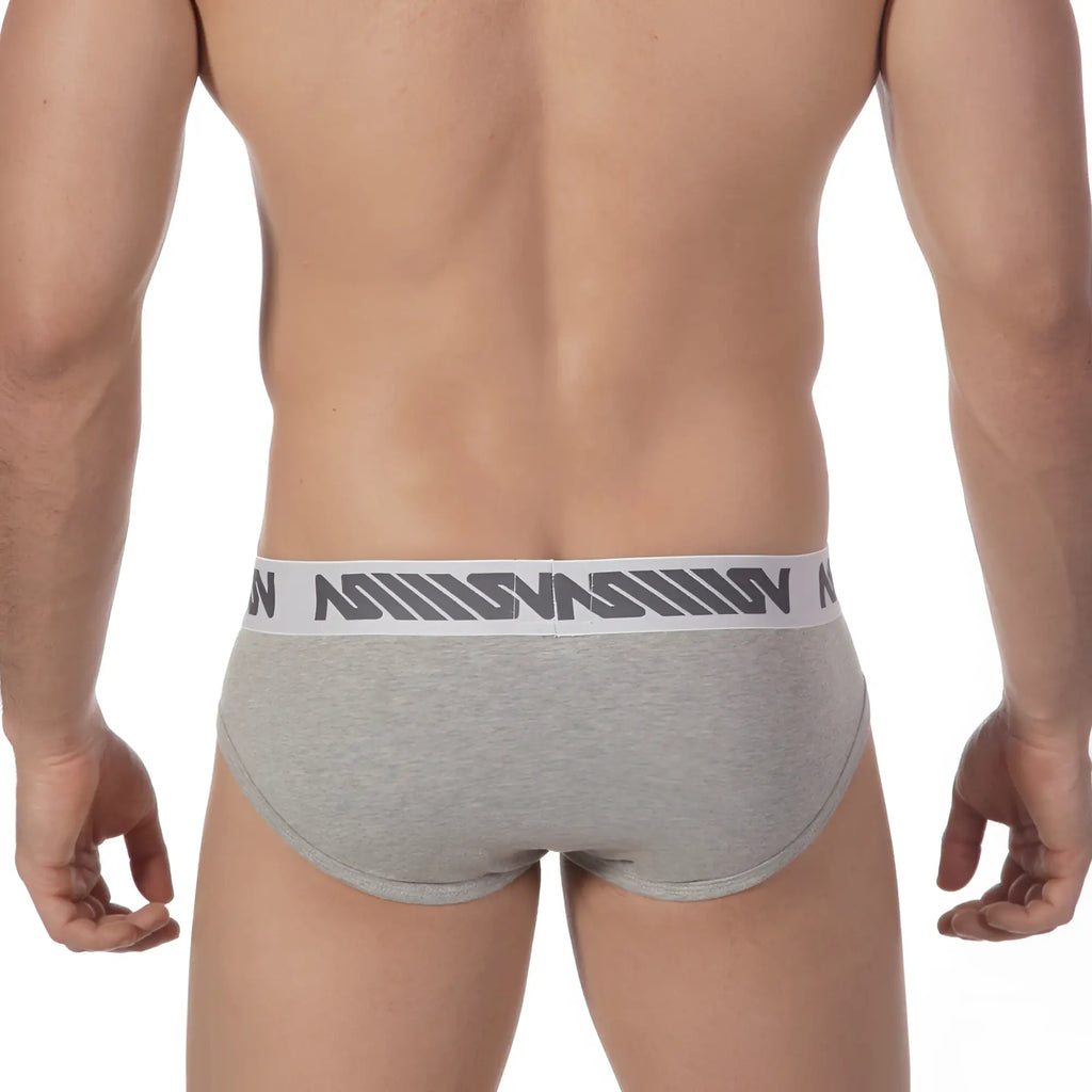 MetroMaleWear core hip brief grey 8003-10 in gray heathered fabric with white waistband and dark gray logo pattern