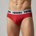 MetroMaleWear core hip brief red 8003-29 red men’s briefs with white elastic waistband and black stylized lettering