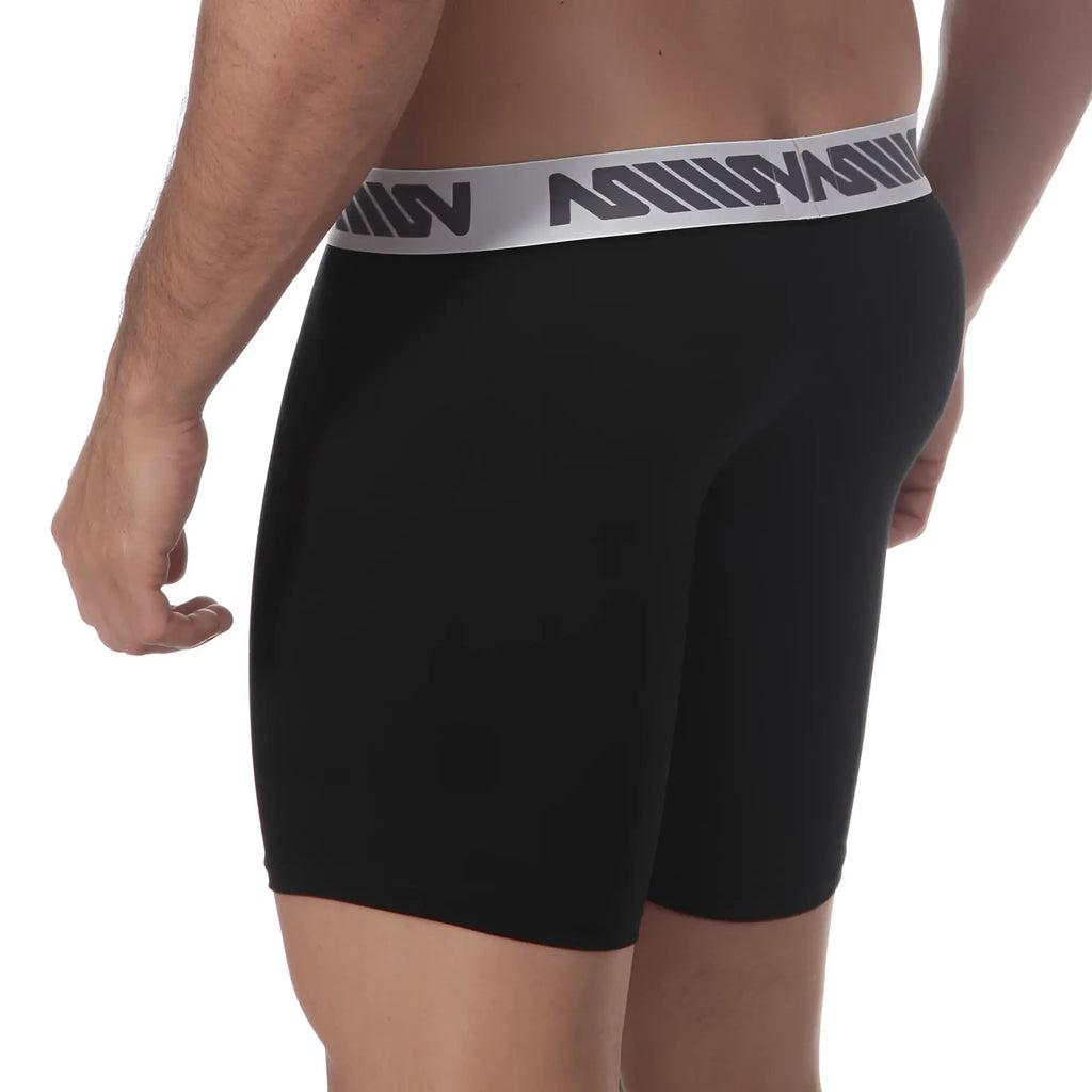 MetroMaleWear core midcut boxer black 8023-20 men’s black boxer briefs with gray waistband and black logo pattern