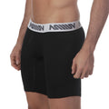 Black MetroMaleWear Core midcut boxer briefs in cotton with white elastic waistband and gray logo pattern