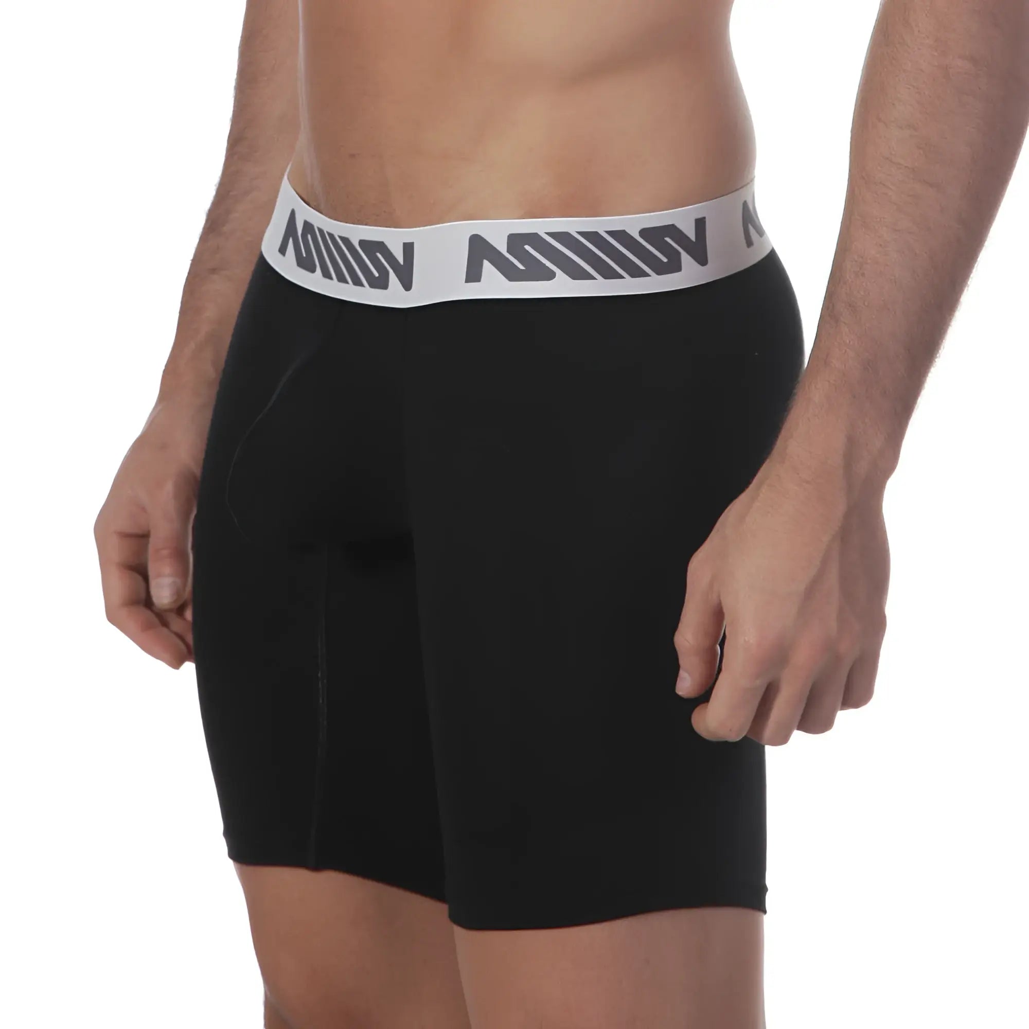 Black MetroMaleWear Core midcut boxer briefs in cotton with white elastic waistband and gray logo pattern