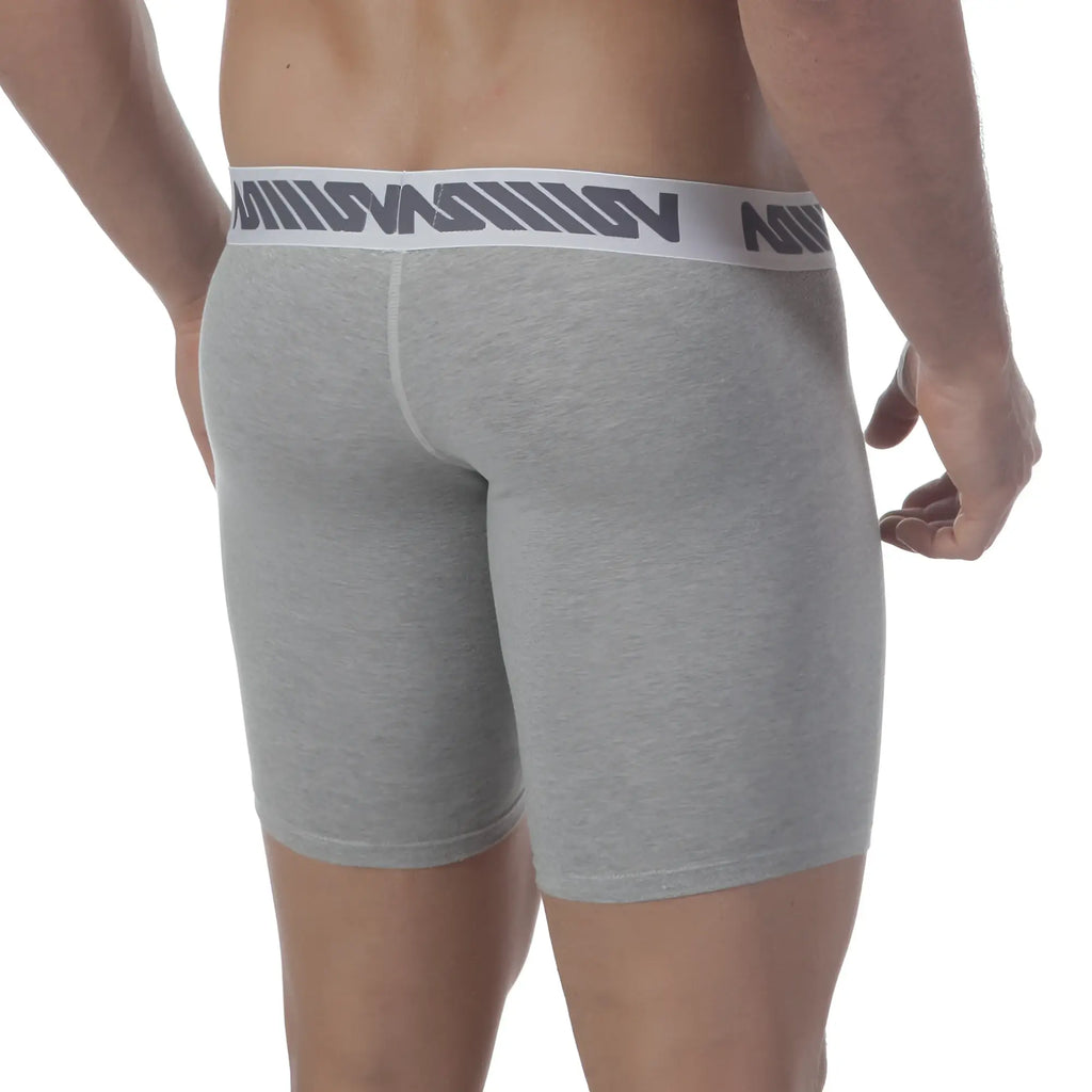 Gray heathered boxer briefs with white elastic waistband and dark gray madison logo by MetroMaleWear