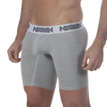 Gray heathered metro malewear core midcut boxer briefs with white elastic waistband and dark gray logo design